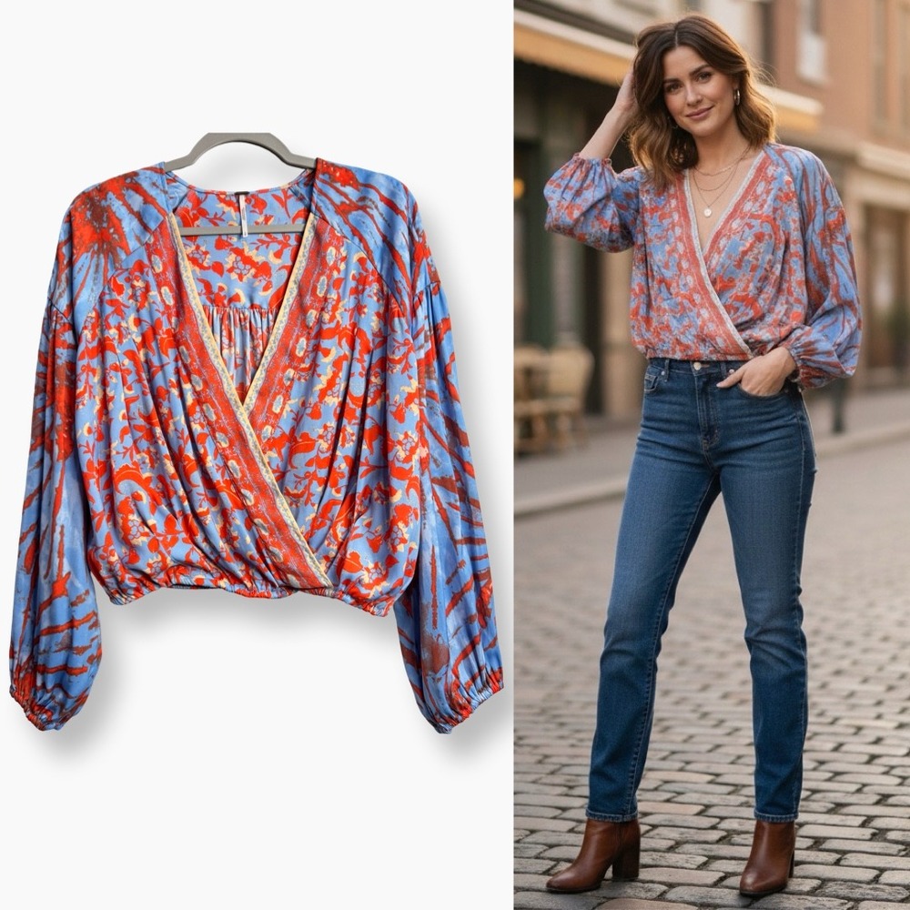 Free People Long Sleeve Printed Top V-Neck Blue Orange Small Boho Lightweight
